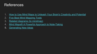 References
1. How to Use Mind Maps to Unleash Your Brain's Creativity and Potential
2. Five Best Mind Mapping Tools
3. Related diagrams (to mindmap)
4. Mind Maps® A Powerful Approach to Note-Taking
5. Generating New Ideas
 