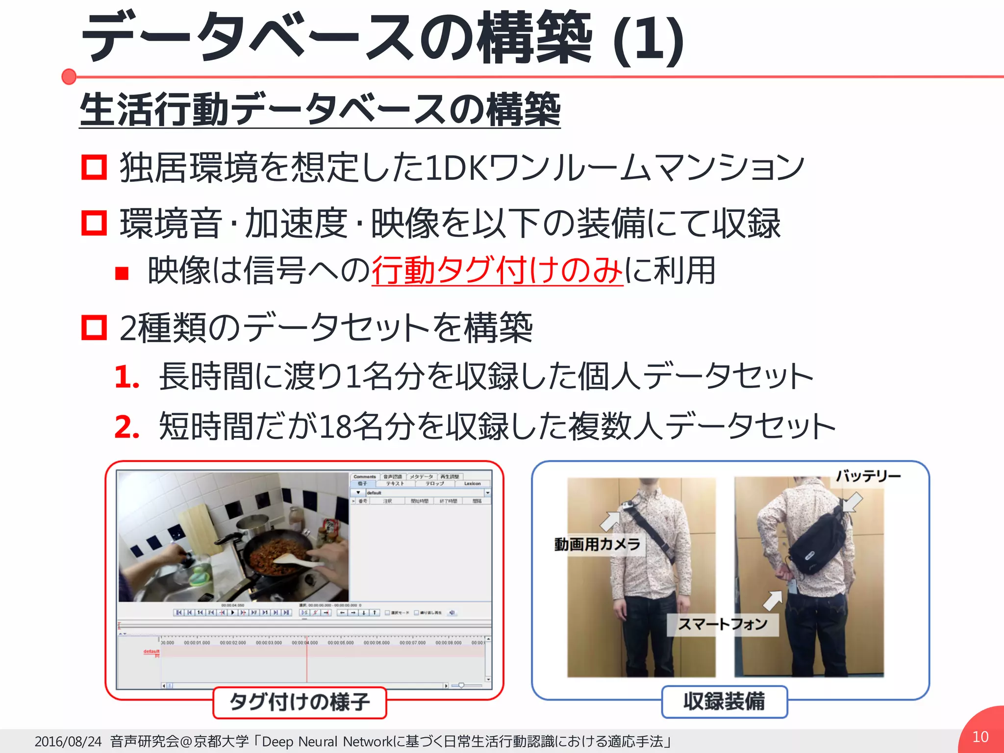 データベースの構築 (1)
生活行動データベースの構築
p 独居環境を想定した1DKワンルームマンション
p 環境音・加速度・映像を以下の装備にて収録
n 映像は信号への行動タグ付けのみに利用
p 2種類のデータセットを構築
1. 長時間に渡り1名分を収録した個人データセット
2. 短時間だが18名分を収録した複数人データセット
102016/08/24 音声研究会@京都大学 「Deep Neural Networkに基づく日常生活行動認識における適応手法」
 