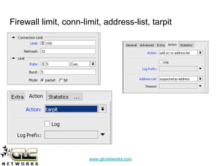 www.glcnetworks.com
Firewall limit, conn-limit, address-list, tarpit
 