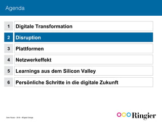 Sven Ruoss – 2016 – #Digital Change
Agenda!
1
2
Digitale Transformation
Disruption
3 Plattformen
4 Netzwerkeffekt
5 Learnings aus dem Silicon Valley
6 Persönliche Schritte in die digitale Zukunft
 