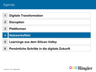 Sven Ruoss – 2016 – #Digital Change
Agenda!
1
2
Digitale Transformation
Disruption
3 Plattformen
4 Netzwerkeffekt
5 Learnings aus dem Silicon Valley
6 Persönliche Schritte in die digitale Zukunft
 