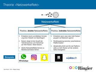 Sven Ruoss – 2016 – #Digital Change
Theorie «Netzwerkeffekt»!
Positive, direkte Netzwerkeffekte Positive, indirekte Netzwerkeffekte
§  Entstehen durch unmittelbare Vernetz-
ung einer Vielzahl von Nachfragern
§  Nutzen steigt mit der Anzahl der
Teilnehmerinnen und Teilnehmer
(je mehr Nutzer, desto besser)
§  Starke Netzwerkeffekte können zu
Marktkonzentration führen
§  Entstehen wenn zwei oder mehr Nutzer-
gruppen auf Netzwerk agieren
§  Rückkoppelung zwischen verschiedenen
Plattformseiten
§  Attraktivität erhöht sich für die Plattform-
seite, je mehr Nutzer auf der anderen
Seite interagieren
Netzwerkeffekt
Beispiele
 