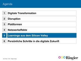 Sven Ruoss – 2016 – #Digital Change
Agenda!
1
2
Digitale Transformation
Disruption
3 Plattformen
4 Netzwerkeffekte
5 Learnings aus dem Silicon Valley
6 Persönliche Schritte in die digitale Zukunft
 