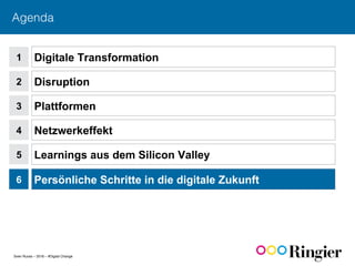 Sven Ruoss – 2016 – #Digital Change
Agenda!
1
2
Digitale Transformation
Disruption
3 Plattformen
4 Netzwerkeffekt
5 Learnings aus dem Silicon Valley
6 Persönliche Schritte in die digitale Zukunft
 