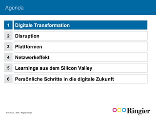 Sven Ruoss – 2016 – #Digital Change
Agenda!
1
2
Digitale Transformation
Disruption
3 Plattformen
4 Netzwerkeffekt
5 Learnings aus dem Silicon Valley
6 Persönliche Schritte in die digitale Zukunft
 