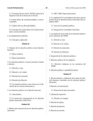 4.1. Contradicción de criterio 293/2011 pleno de la
Suprema Corte de la Justicia de la Nación.
5. Control difuso de constitucionalidad y conven-
cionalidad.
5.1. Análisis del caso Rosendo Radilla.
5.2. Concepto del control difuso de constitucionali-
dad y convencionalidad.
6. La interpretación conforme.
6.1. Concepto y aplicación.
Módulo II
1. Orígenes de los derechos políticos como derechos
humanos.
1.1. Época moderna.
1.2. Época posmoderna.
2. Los derechos políticos, su marco normativo, límites
y alcances.
2.1. Derecho a votar.
2.2. Derecho a ser votado.
2.3. Derecho de asociación.
2.4. Derecho de afiliación.
2.5. Los derechos políticos como factores en el de-
sarrollo de los sistemas democráticos.
3. Los derechos políticos en el derecho mexicano.
3.1. Antecedentes.
3.2. La protección constitucional de los derechos
político-electorales (1996-2016).
Módulo III
1. Medios para la protección de los derechos político-
electorales.
1.1. JDC y REC (figuras procesales).
2. La ampliación de la procedencia del juicio para la
protección de los derechos político-electorales del ciu-
dadano (JDC).
2.1. Actos de los partidos políticos.
2.2. Integración de autoridades electorales.
3. La ampliación de la tutela de los derechos políticos
en las sentencias del TEPJF.
3.1. Derecho a votar.
3.2. Derecho a ser votado.
3.3. Derecho de asociación.
3.4. Derecho de afiliación.
4. Suspensión de los derechos políticos.
5. Derechos políticos de los indígenas.
5.1. Derechos indígenas en las sentencias del
TEPJF.
6. Derechos políticos e igualdad de género.
Módulo IV
1. Reconocimiento y ampliación de la tutela de dere-
chos humanos vinculados con los derechos político-
electorales.
2. Derecho a la información.
2.1. Protección de datos personales.
3. Libertad de expresión.
3.1. Derecho a la imagen.
4. Derecho de réplica.
5. Derecho de petición.
6. Derecho de reunión.
Gaceta Parlamentaria Viernes 26 de agosto de 201622
 