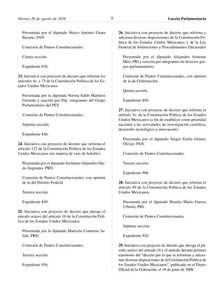 Presentada por el diputado Marco Antonio Gama
Basarte, PAN
Comisión de Puntos Constitucionales.
Cuarta sección.
Expediente 836.
23. Iniciativa con proyecto de decreto que reforma los
artículos 4o. y 73 de la Constitución Política de los Es-
tados Unidos Mexicanos
Presentada por la diputada Norma Edith Martínez
Guzmán y suscrita por Dip. integrantes del Grupo
Parlamentario del PES
Comisión de Puntos Constitucionales.
Séptima sección.
Expediente 846.
24. Iniciativa con proyecto de decreto que reforma el
artículo 122 de la Constitución Política de los Estados
Unidos Mexicanos (en materia de veto de bolsillo).
Presentada por el diputado Jerónimo Alejandro Oje-
da Anguiano, PRD.
Comisión de Puntos Constitucionales, con opinión
de la del Distrito Federal.
Tercera sección.
Expediente 849.
25. Iniciativa con proyecto de decreto que deroga el
párrafo octavo del artículo 16 de la Constitución Polí-
tica de los Estados Unidos Mexicanos.
Presentada por la diputada Maricela Contreras Ju-
lián, PRD.
Comisión de Puntos Constitucionales.
Tercera sección.
Expediente 856.
26. Iniciativa con proyecto de decreto que reforma y
adiciona diversas disposiciones de la Constitución Po-
lítica de los Estados Unidos Mexicanos y de la Ley
General de Instituciones y Procedimientos Electorales
Presentada por el diputado Alejandro Armenta
Mier, PRI y suscrita por integrantes de diversos gru-
pos parlamentarios.
Comisión de Puntos Constitucionales, con opinión
de la de Gobernación.
Quinta sección.
Expediente 894.
27. Iniciativa con proyecto de decreto que reforma el
artículo 3o. de la Constitución Política de los Estados
Unidos Mexicanos (a fin de establecer como prioridad
nacional a las actividades de investigación científica,
desarrollo tecnológico e innovación).
Presentada por el diputado Sergio Emilo Gómez
Olivier, PAN.
Comisión de Puntos Constitucionales.
Tercera sección.
Expediente 906.
28. Iniciativa con proyecto de decreto que reforma el
artículo 89 de la Constitución Política de los Estados
Unidos Mexicanos.
Presentada por el diputado Braulio Mario Guerra
Urbiola, PRI.
Comisión de Puntos Constitucionales.
Séptima sección.
Expediente 926.
29. Iniciativa con proyecto de decreto que deroga el pá-
rrafo octavo del artículo 16 y el artículo décimo primero
transitorio del “decreto por el que se reforman y adicio-
nan diversas disposiciones de la Constitución Política de
los Estados Unidos Mexicanos”, publicado en el Diario
Oficial de la Federación, el 18 de junio de 2008.
Viernes 26 de agosto de 2016 Gaceta Parlamentaria7
 