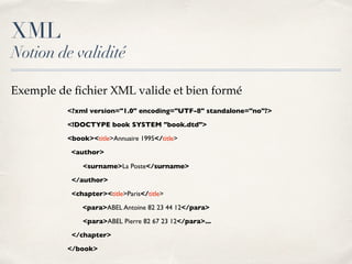 XML
Notion de validité
<?xml version="1.0" encoding="UTF-8" standalone="no"?>
<!DOCTYPE book SYSTEM "book.dtd">
<book><title>Annuaire 1995</title>
<author>
<surname>La Poste</surname>
</author>
<chapter><title>Paris</title>
<para>ABEL Antoine 82 23 44 12</para>
<para>ABEL Pierre 82 67 23 12</para>...
</chapter>
</book>
Exemple de ﬁchier XML valide et bien formé
 