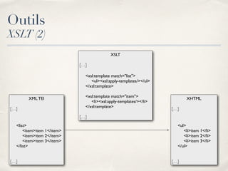 XSLT
[…]
<xsl:template match="list">
<ul><xsl:apply-templates/></ul>
</xsl:template>
<xsl:template match="item">
<li><xsl:apply-templates/></li>
</xsl:template>
[…]
XML TEI
[…]
<list>
<item>item 1</item>
<item>item 2</item>
<item>item 3</item>
</list>
[…]
XHTML
[…]
<ul>
<li>item 1</li>
<li>item 2</li>
<li>item 3</li>
</ul>
[…]
Outils
XSLT (2)
 