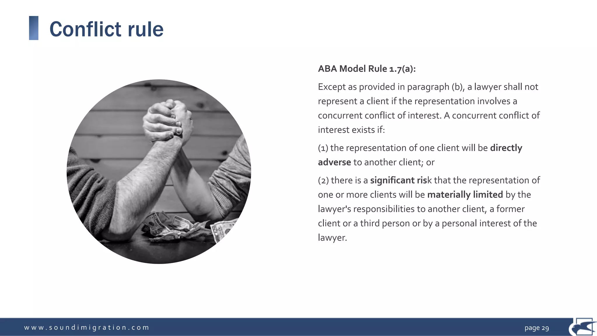 w w w . s o u n d i m i g r a t i o n . c o m
Conflict rule
ABA Model Rule 1.7(a):
Except as provided in paragraph (b), a lawyer shall not
represent a client if the representation involves a
concurrent conflict of interest. A concurrent conflict of
interest exists if:
(1) the representation of one client will be directly
adverse to another client; or
(2) there is a significant risk that the representation of
one or more clients will be materially limited by the
lawyer's responsibilities to another client, a former
client or a third person or by a personal interest of the
lawyer.
page 29
 