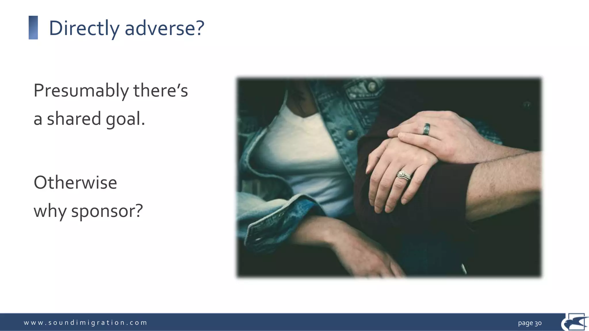 w w w . s o u n d i m i g r a t i o n . c o m
Directly adverse?
Presumably there’s
a shared goal.
Otherwise
why sponsor?
page 30
 