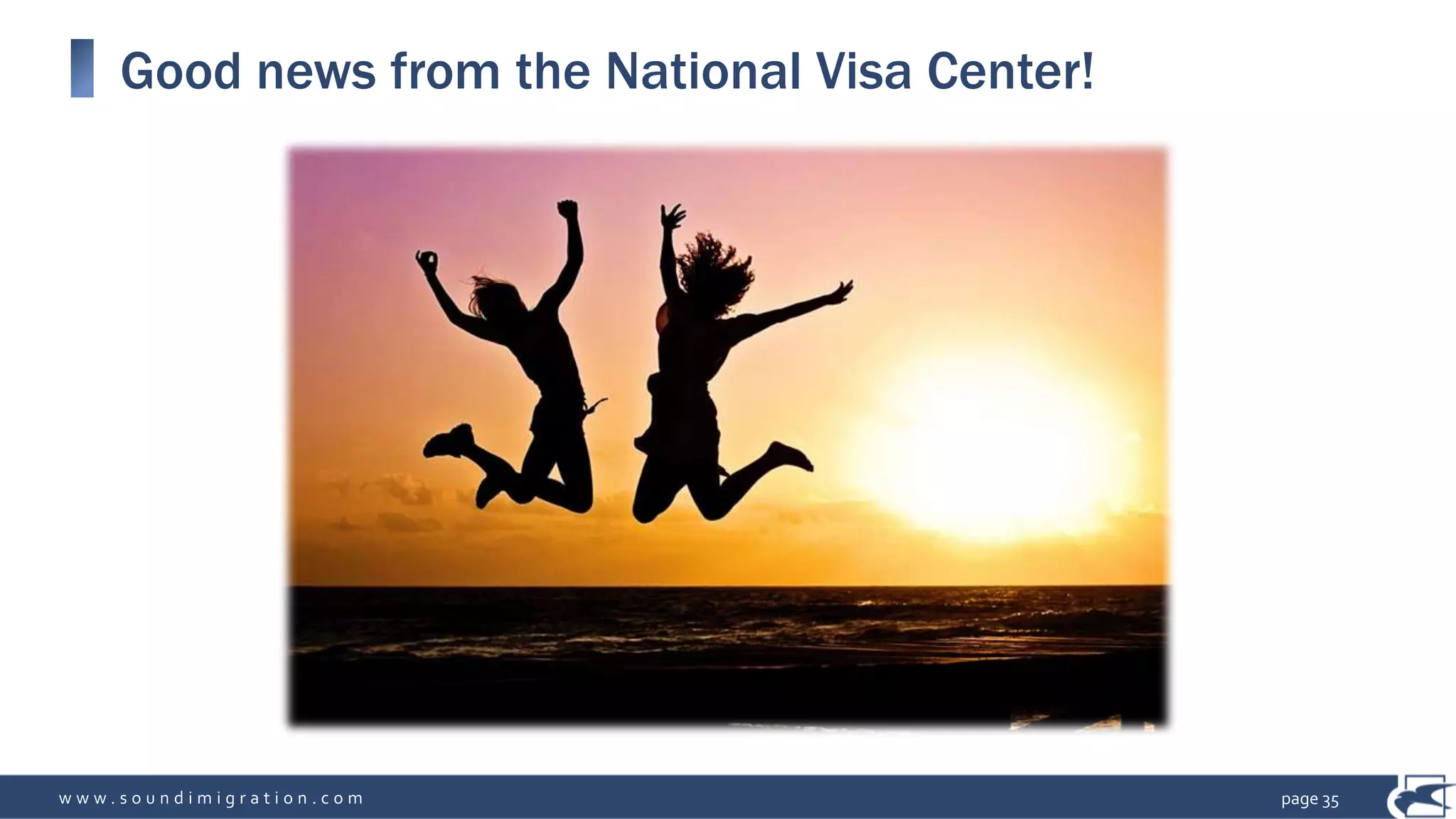 w w w . s o u n d i m i g r a t i o n . c o m
Good news from the National Visa Center!
page 35
 