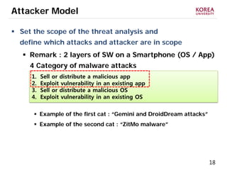 18
Attacker Model
 Set the scope of the threat analysis and
define which attacks and attacker are in scope
 Remark : 2 layers of SW on a Smartphone (OS / App)
4 Category of malware attacks
 Example of the first cat : “Gemini and DroidDream attacks”
 Example of the second cat : “ZitMo malware”
1. Sell or distribute a malicious app
2. Exploit vulnerability in an existing app
3. Sell or distribute a malicious OS
4. Exploit vulnerability in an existing OS
 