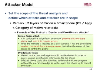 19
Attacker Model
 Set the scope of the threat analysis and
define which attacks and attacker are in scope
 Remark : 2 layers of SW on a Smartphone (OS / App)
4 Category of malware attacks
 Example of the first cat : “Gemini and DroidDream attacks”
Gemini Trojan attack
• Can compromise a significant amount of personal data on user’s
phone and send it to remote servers
• Once the malware is installed on a user’s phone, it has the potential to
receive commands from a remote server that allow the owner of that
server to control the phone
DroidDream Trojan
• Gained root access to Google Android mobile devices in order to
access unique identification information for the phone
• Infected phone could also download additional malicious program
without the user’s knowledge as well as open the phone up to control
by hackers
 