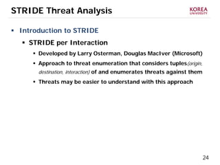 24
STRIDE Threat Analysis
 Introduction to STRIDE
 STRIDE per Interaction
 Developed by Larry Osterman, Douglas MacIver (Microsoft)
 Approach to threat enumeration that considers tuples(origin,
destination, interaction) of and enumerates threats against them
 Threats may be easier to understand with this approach
 