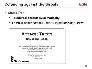 30
Defending against the threats
 Attack Tree
 To address threats systematically
 Famous paper “Attack Tree”, Bruce Schneier, 1999
 