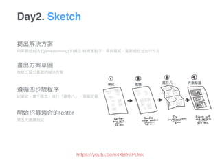 提出解決⽅方案 
⽤用⾰革新遊戲法 (gamestorming) 的概念念 檢視舊點⼦子，尋找靈感，重新組合並加以改良
畫出⽅方案草圖 
在紙上擬出具體的解決⽅方案
遵循四步驟程序 
記筆記、畫下概念念、進⾏行行「瘋狂八」、草圖定稿
開始招募適合的tester 
第五天邀請測試
Day2. Sketch
https://youtu.be/n4XBfr7PUnk
筆記 構想
瘋狂八 ⽅方案草圖
 