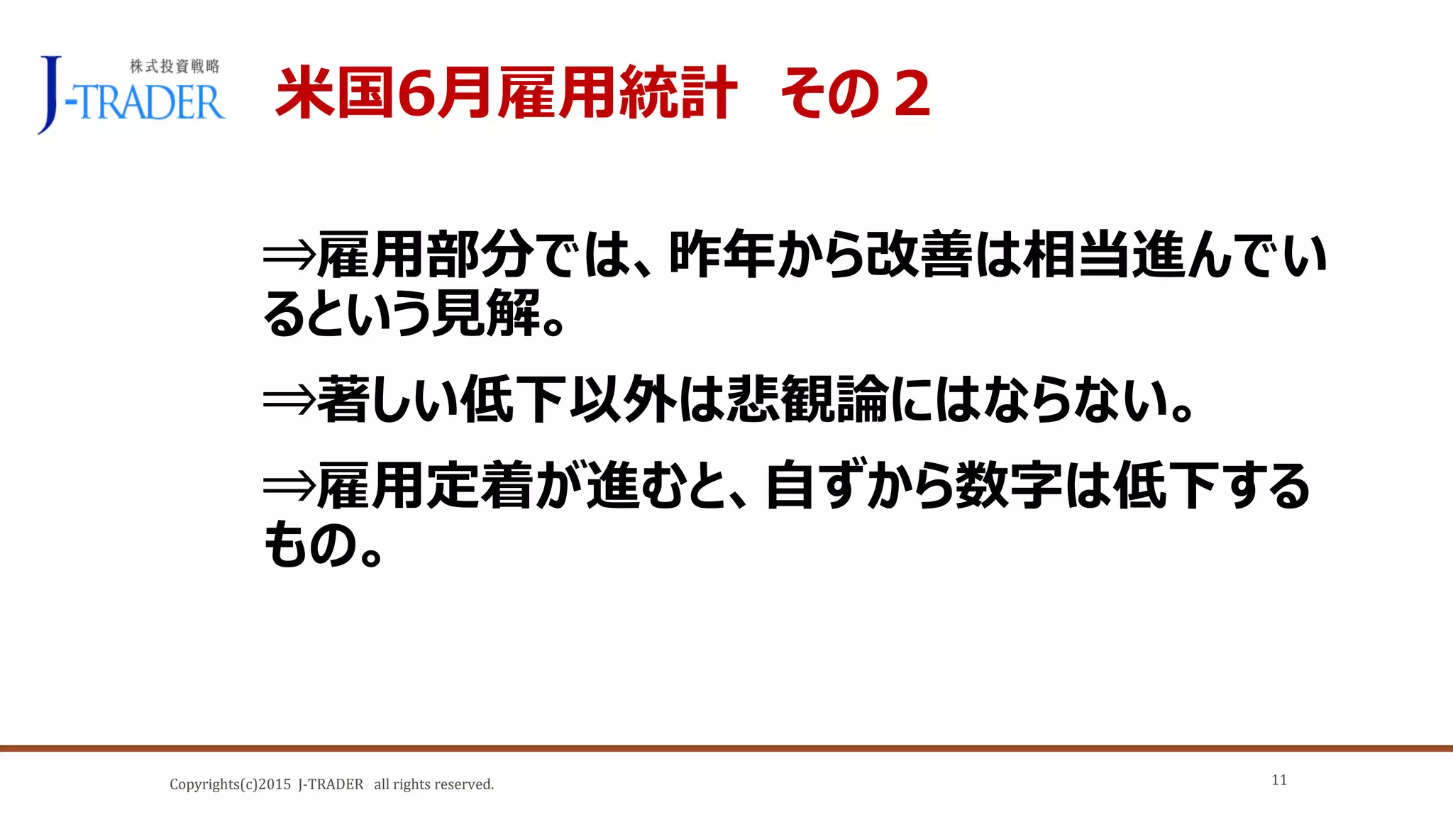 Copyrights(c)2015 J-TRADER all rights reserved.
米国6月雇用統計 その２
⇒雇用部分では、昨年から改善は相当進んでい
るという見解。
⇒著しい低下以外は悲観論にはならない。
⇒雇用定着が進むと、自ずから数字は低下する
もの。
11
 