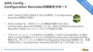 25
AWS Config -
Configuration Recorderの削除をサポート
• AWS ConfigでAWS SDKまたはCLIを使用してConfiguration
Recorderの削除が可能に
• AWS Configでは、AWSリソースの構成を格納するための
Configuration Recorderを使用している。AWS ConfigのConfiguration
Recorderで記録したいリソースタイプの指定が可能。
• マネジメントコンソールやAWS CLIを使用してAWS Configを設定した場合、
AWS Configが自動的にデフォルトの名前のConfiguration Recorderを作成し、
開始する。本リリースにより既存のConfiguration Recorderを削除でき、任意
の名前で新しいConfiguration Recorderを作成することが可能になった。
http://aws.amazon.com/about-aws/whats-new/2016/07/aws-config-now-supports-deletion-of-configuration-recorder/
 