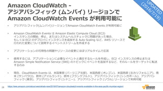 28
Amazon CloudWatch -
アジアパシフィック (ムンバイ) リージョンで
Amazon CloudWatch Events が利用可能に
• アジアパシフィック(ムンバイ)リージョンでAmazon CloudWatch Events が利用可能に
• Amazon CloudWatch Events は Amazon Elastic Compute Cloud (EC2)
インスタンスの開始、停止、またはシステムヘルスチェックに問題があった場合、
もしくは EC2 のデプロイにインスタンスを追加する Auto Scaling など、AWS リソースで
行われた変更について説明するイベントストリームを作成する
• アプリケーションの可用性の問題やリソースの変更にほぼリアルタイムで応答
• 使用するには、アプリケーションに必要なイベントと適合するルールを作成し、EC2 インスタンスの停止または
Amazon Simple Notification Service (SNS) のトピックにイベントを追加するなど、そのルールをターゲットに転送
するのみ
• 現在、CloudWatch Events は、米国東部 (バージニア北部)、米国西部 (オレゴン)、米国西部 (北カリフォルニア)、南
米 (サンパウロ)、欧州 (アイルランド)、欧州 (フランクフルト)、アジアパシフィック (シンガポール)、アジアパシ
フィック (東京)、アジアパシフィック (シドニー)、アジアパシフィック (ソウル) リージョンで利用可能
https://aws.amazon.com/about-aws/whats-new/2016/07/amazon-cloudwatch-events-available-in-the-asia-pacific-mumbai-region/
 