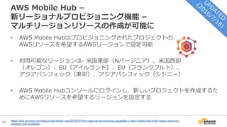 42
AWS Mobile Hub –
新リージョナルプロビジョニング機能 –
マルチリージョンリソースの作成が可能に
• AWS Mobile Hubはプロビジョニングされたプロジェクトの
AWSリソースを希望するAWSリージョンで設定可能
• 利用可能なリージョンは- 米国東部（Nバージニア）、米国西部
（オレゴン）、EU（アイルランド）、EU（フランクフルト）、
アジアパシフィック（東京）、アジアパシフィック（シドニー）
• AWS Mobile Hubコンソールにログインし、新しいプロジェクトを作成するた
めにAWSリソースを希望するリージョンを設定する
https://aws.amazon.com/about-aws/whats-new/2016/07/new-regional-provisioning-capability-in-aws-mobile-hub-multi-region-resource-
creation-now-available/
 