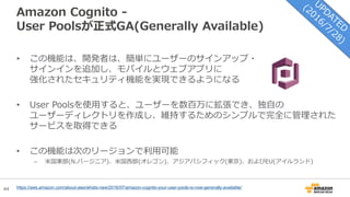 44
Amazon Cognito -
User Poolsが正式GA(Generally Available)
https://aws.amazon.com/about-aws/whats-new/2016/07/amazon-cognito-your-user-pools-is-now-generally-available/
• この機能は、開発者は、簡単にユーザーのサインアップ・
サインインを追加し、モバイルとウェブアプリに
強化されたセキュリティ機能を実現できるようになる
• User Poolsを使用すると、ユーザーを数百万に拡張でき、独自の
ユーザーディレクトリを作成し、維持するためのシンプルで完全に管理された
サービスを取得できる
• この機能は次のリージョンで利用可能
– 米国東部(N.バージニア)、米国西部(オレゴン)、アジアパシフィック(東京)、およびEU(アイルランド)
 