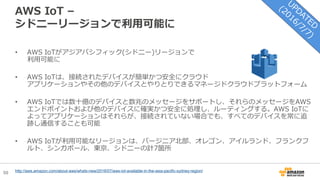 50
AWS IoT –
シドニーリージョンで利用可能に
• AWS IoTがアジアパシフィック(シドニー)リージョンで
利用可能に
• AWS IoTは、接続されたデバイスが簡単かつ安全にクラウド
アプリケーションやその他のデバイスとやりとりできるマネージドクラウドプラットフォーム
• AWS IoTでは数十億のデバイスと数兆のメッセージをサポートし、それらのメッセージをAWS
エンドポイントおよび他のデバイスに確実かつ安全に処理し、ルーティングする。AWS IoTに
よってアプリケーションはそれらが、接続されていない場合でも、すべてのデバイスを常に追
跡し通信することも可能
• AWS IoTが利用可能なリージョンは、バージニア北部、オレゴン、アイルランド、フランクフ
ルト、シンガポール、東京、シドニーの計7箇所
http://aws.amazon.com/about-aws/whats-new/2016/07/aws-iot-available-in-the-asia-pacific-sydney-region/
 