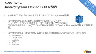 51
AWS IoT -
JavaとPython Device SDKを発表
• AWS IoT SDK for JavaとAWS IoT SDK for Pythonを発表
• JavaやPythonのSDKが、簡単かつ迅速にデバイスや
アプリケーションを接続する。MQTTまたは、WebSocket
プロトコルを介したMQTTのいずれかを使用してDevice Shadowの情報を送受信可
能。
• JavaやPython SDKがAWS IoTのために利用可能な5つのDevice SDKを追加
– Embedded C
– JavaScript
– Arduino
– iOS
– Android
http://aws.amazon.com/about-aws/whats-new/2016/07/aws-iot-announces-java-and-python-device-sdks/
 