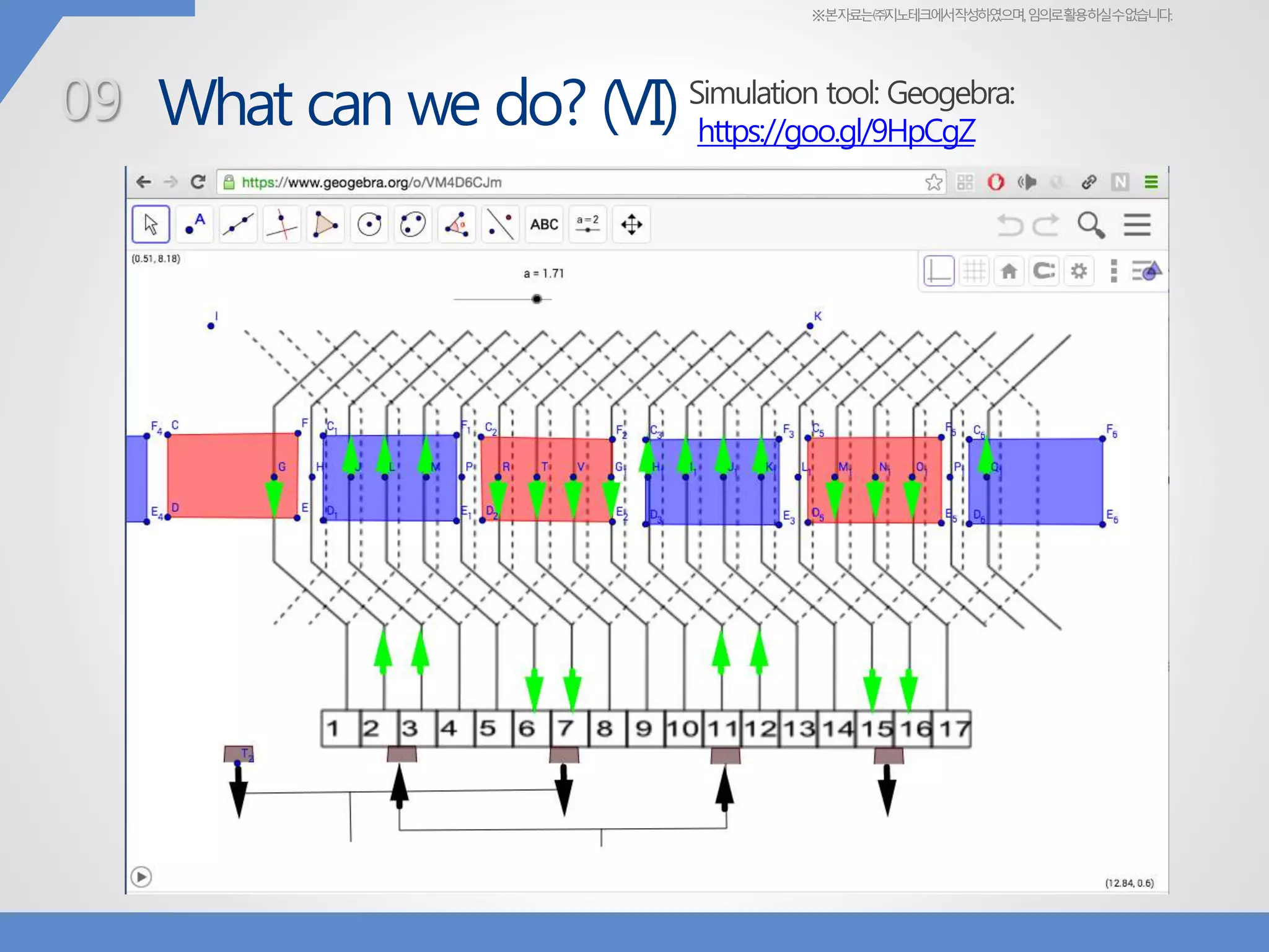 ※본자료는㈜지노테크에서작성하였으며,임의로활용하실수없습니다.
What can we do? (VI)09 Simulation tool: Geogebra:
https://goo.gl/9HpCgZ
 