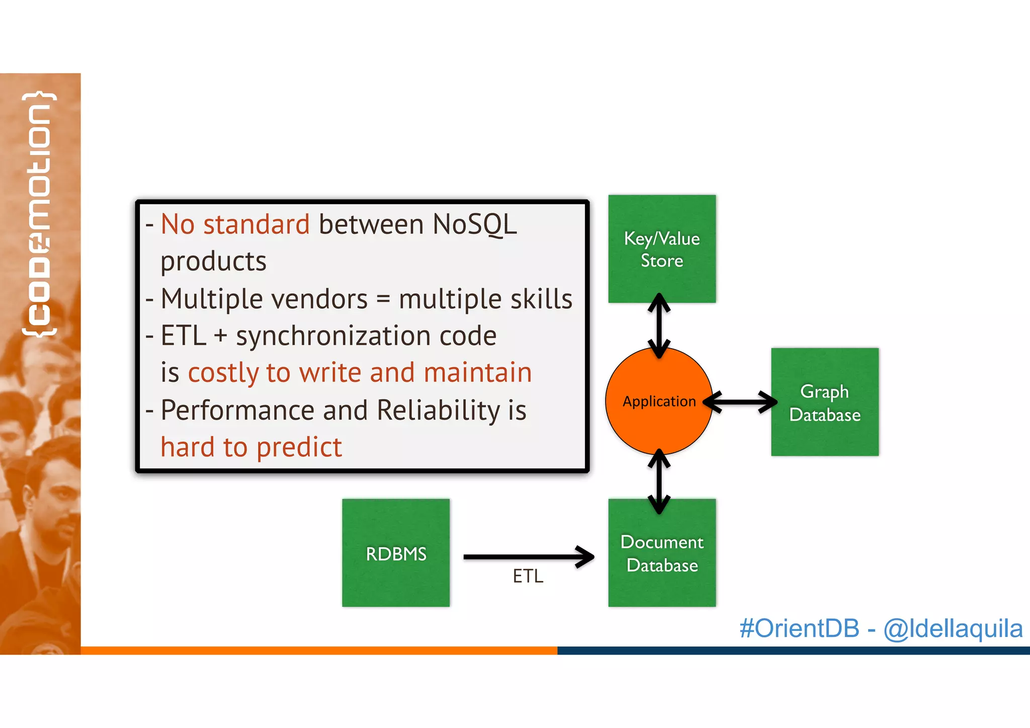 #OrientDB - @ldellaquila
RDBMS
Key/Value
Store
Document
Database
Graph
Database
Application
ETL
- No standard between NoSQL
products
- Multiple vendors = multiple skills
- ETL + synchronization code
is costly to write and maintain
- Performance and Reliability is
hard to predict
 