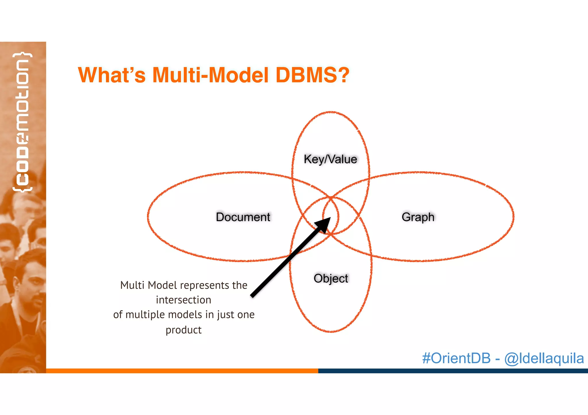 #OrientDB - @ldellaquila
GraphDocument
Object
Key/Value
Multi Model represents the
intersection
of multiple models in just one
product
What’s Multi-Model DBMS?
 