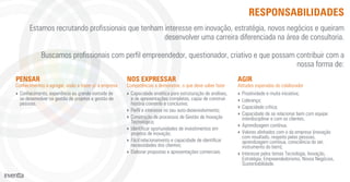 RESPONSABILIDADES
Estamos recrutando proﬁssionais que tenham interesse em inovação, estratégia, novos negócios e queiram
desenvolver uma carreira diferenciada na área de consultoria.
Buscamos proﬁssionais com perﬁl empreendedor, questionador, criativo e que possam contribuir com a
nossa forma de:
PENSAR
Conhecimentos a agregar, visão a trazer p/ a empresa
NOS EXPRESSAR
Competências a demonstrar, o que deve saber fazer
AGIR
Atitudes esperadas do colaborador
‣ Conhecimento, experiência ou grande vontade de
se desenvolver na gestão de projetos e gestão de
pessoas.
‣ Capacidade analítica para estruturação de análises,
e de apresentações completas, capaz de construir
história coerente e conclusiva;
‣ Perﬁl e interesse no seu auto-desenvolvimento;
‣ Construção de processos de Gestão de Inovação
Tecnológica;
‣ Identiﬁcar oportunidades de investimentos em
projetos de inovação;
‣ Fácil relacionamento e capacidade de identiﬁcar
necessidades dos clientes;
‣ Elaborar propostas e apresentações comerciais.
‣ Proatividade e muita iniciativa;
‣ Liderança;
‣ Capacidade crítica;
‣ Capacidade de se relacionar bem com equipe
interdisciplinar e com os clientes,
‣ Aprendizagem contínua.
‣ Valores alinhados com o da empresa (inovação
com resultado, respeito pelas pessoas,
aprendizagem contínua, consciência do ser,
instrumento do bem);
‣ Interesse pelos temas Tecnologia, Inovação,
Estratégia, Empreendedorismo, Novos Negócios,
Sustentabilidade.
 