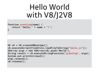 Hello World
with V8/J2V8
V8 v8 = V8.createV8Runtime();
v8.executeScript(FileUtils.readFileToString("hello.js"));
V8Array args = new V8Array(v8).push("World");
String result = v8.executeStringFunction("greeting", args);
System.out.println(result);
args.release();
v8.release();
function greeting(name) {
return "Hello," + name + "!";
}
 