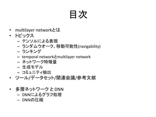 目次
• multilayer networkとは
• トピックス
– テンソルによる表現
– ランダムウオーク、移動可能性(navigability)
– ランキング
– temporal networkとmultilayer network...