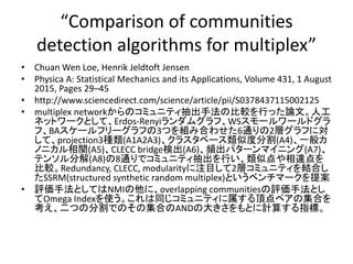 “Comparison of communities
detection algorithms for multiplex”
• Chuan Wen Loe, Henrik Jeldtoft Jensen
• Physica A: Statis...