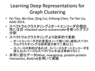 Learning Deep Representations for
Graph Clustering
• Fei Tian, Bin Gao, Qing Cui, Enhong Chen, Tie-Yan Liu,
AAAI 2014.
• ス...