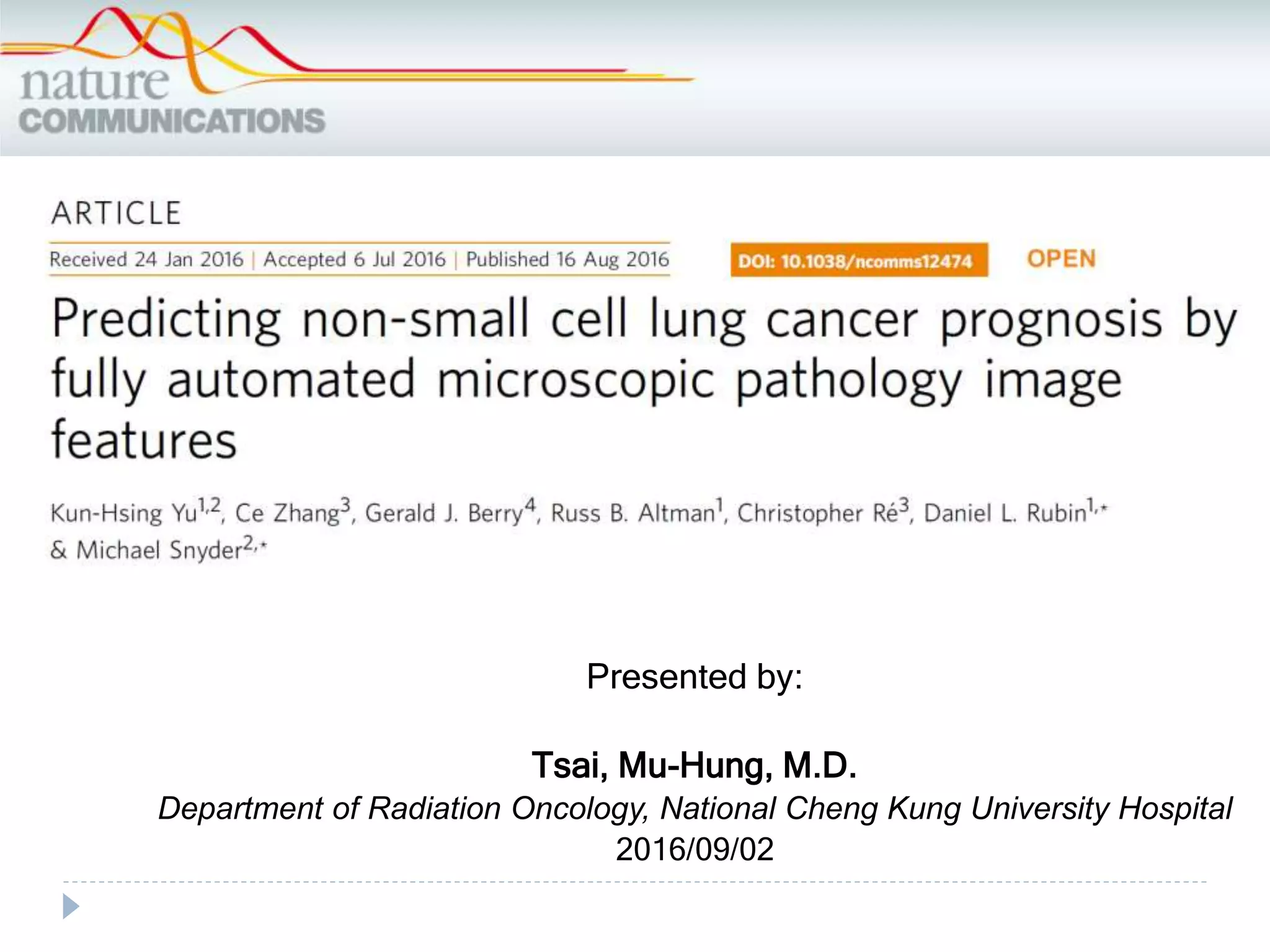 Presented by:
Tsai, Mu-Hung, M.D.
Department of Radiation Oncology, National Cheng Kung University Hospital
2016/09/02
