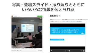 写真・登壇スライド・振り返りとともに
いろいろな情報を伝えられる
 