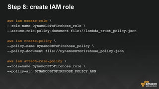 Step 8: create IAM role
aws iam create-role 
--role-name DynamoDBToFirehose_role 
--assume-role-policy-document file://lam...