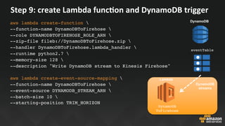 Step	9:	create	Lambda	funcIon	and	DynamoDB	trigger	
aws lambda create-function 
--function-name DynamoDBToFirehose 
--role...