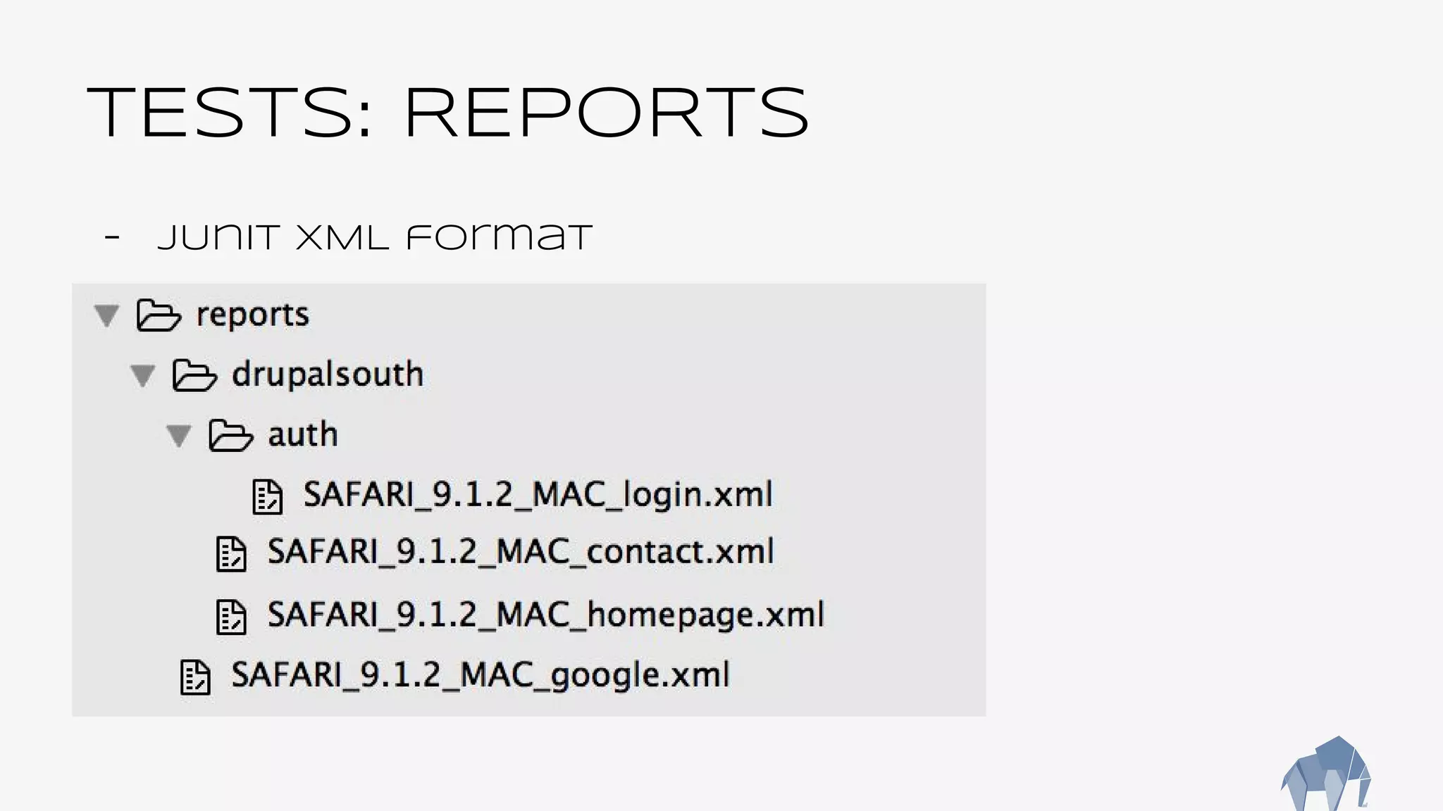 TESTS: REPORTS
- JUnit XML format
 
