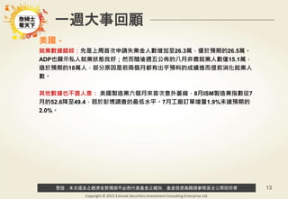 警語：本文提及之經濟走勢預測不必然代表基金之績效，基金投資風險請參閱基金公開說明書
Copyright © 2015 Ezfunds Securities Investment Consulting Enterprise Ltd.
13
一週大事回顧
美國－
就業數據錯綜：先是上周首次申請失業金人數增加至26.3萬，優於預期的26.5萬。
ADP也顯示私人就業狀態良好；然而隨後週五公佈的八月非農就業人數僅15.1萬，
遜於預期的18萬人，部分原因是前兩個月都有出乎預料的成績進而提前消化就業人
數。
其他數據也不盡人意： 美國製造業六個月來首次意外萎縮，8月ISM製造業指數從7
月的52.6降至49.4，弱於彭博調查的最低水平。7月工廠訂單增量1.9%未達預期的
2.0%。
 