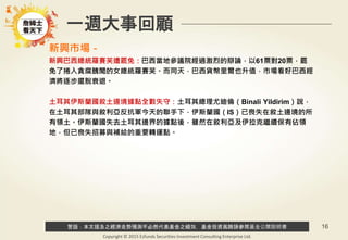 警語：本文提及之經濟走勢預測不必然代表基金之績效，基金投資風險請參閱基金公開說明書
Copyright © 2015 Ezfunds Securities Investment Consulting Enterprise Ltd.
16
新興市場－
新興巴西總統羅賽芙遭罷免：巴西當地參議院經過激烈的辯論，以61票對20票，罷
免了捲入貪腐醜聞的女總統羅賽芙。而同天，巴西貨幣里爾也升值，市場看好巴西經
濟將逐步擺脫衰退。
土耳其伊斯蘭國敘土邊境據點全數失守：土耳其總理尤迪倫（Binali Yildirim）說，
在土耳其部隊與敘利亞反抗軍今天的聯手下，伊斯蘭國（IS）已喪失在敘土邊境的所
有領土。伊斯蘭國失去土耳其邊界的據點後，雖然在敘利亞及伊拉克繼續保有佔領
地，但已喪失招募與補給的重要轉運點。
一週大事回顧
 