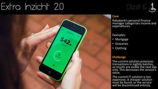 Dizzit &Extra Inzicht 2.0
Case
Rabobank’s	personal	finance	
manager	categorizes	income	and	
expenditures.
Examples:
• Mortgage
• Groceries
• Clothing
Challenge
The	current	solution	processes	
transactions	in	nightly	batches,	
so	results	are	visible	the	next	day	
only.	This	decreases	the	service’s	
value.
The	current	IT	solution	is	too	
expensive.	A	cheaper	solution	
must	be	found,	or	the	service	
will	be	discontinued	entirely.
 