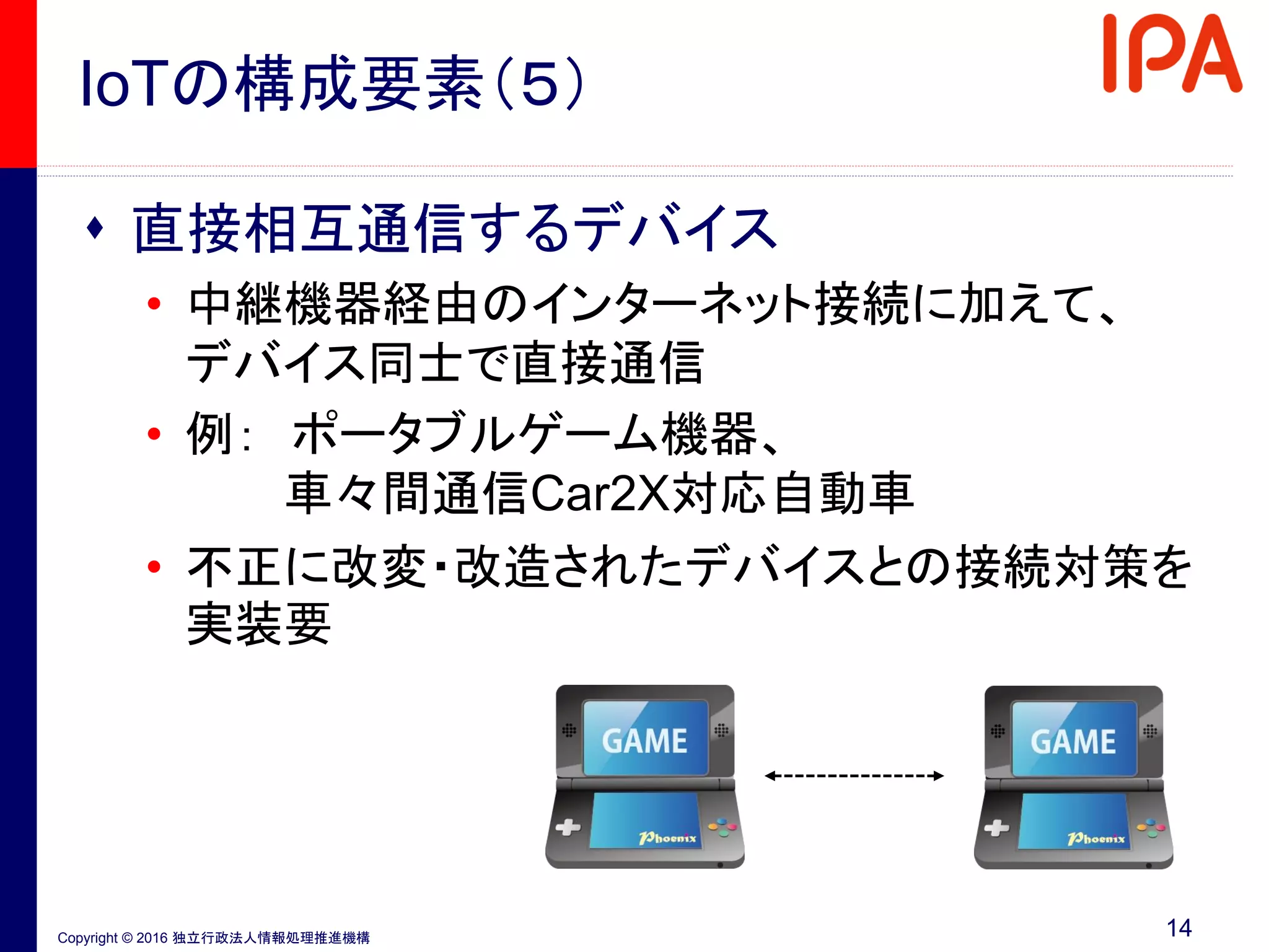 Copyright © 2016 独立行政法人情報処理推進機構
IoTの構成要素（５）
 直接相互通信するデバイス
• 中継機器経由のインターネット接続に加えて、
デバイス同士で直接通信
• 例： ポータブルゲーム機器、
車々間通信Car2X対応自動車
• 不正に改変・改造されたデバイスとの接続対策を
実装要
14
 