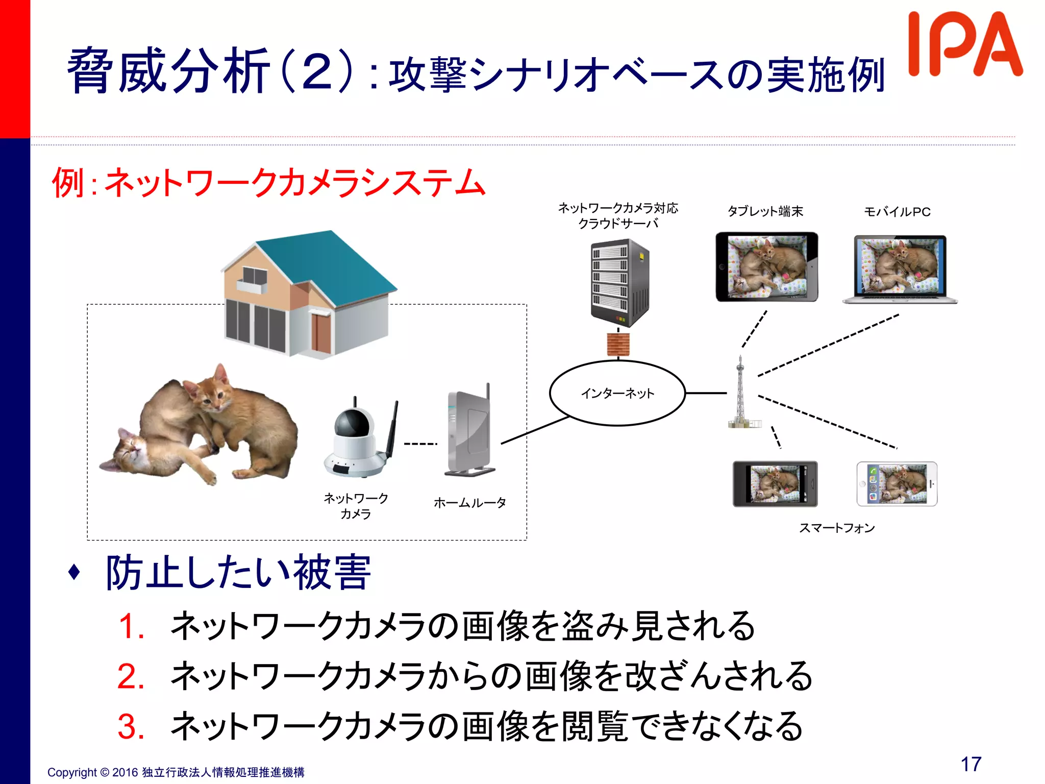 Copyright © 2016 独立行政法人情報処理推進機構
脅威分析（２）：攻撃シナリオベースの実施例
 防止したい被害
1. ネットワークカメラの画像を盗み見される
2. ネットワークカメラからの画像を改ざんされる
3. ネットワークカメラの画像を閲覧できなくなる
例：ネットワークカメラシステム
ホームルータ
スマートフォン
タブレット端末
ネットワーク
カメラ
ネットワークカメラ対応
クラウドサーバ
インターネット
モバイルＰＣ
17
 