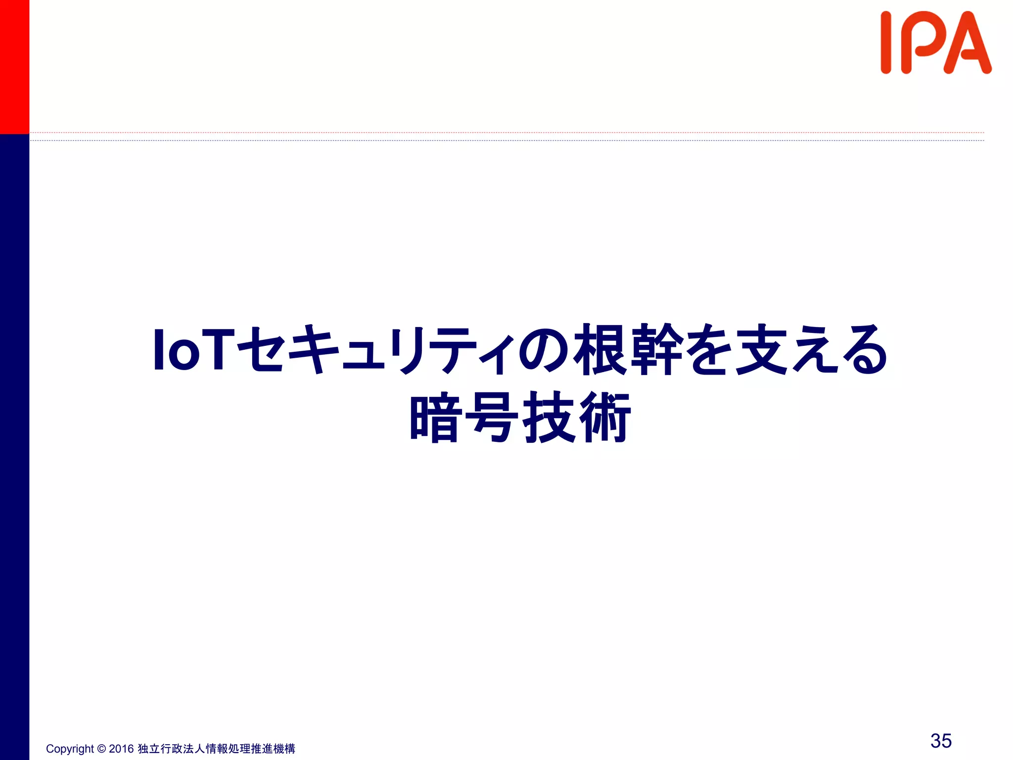 Copyright © 2016 独立行政法人情報処理推進機構
IoTセキュリティの根幹を支える
暗号技術
35
 