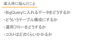 導入時に悩んだこと
・BigQueryに入れるデータをどうするか
・どういうテーブル構成にするか
・運用フローをどうするか
・コストはどのくらいかかるか
 