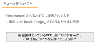ちょっと困ったこと
・Timestampを入れるとUTCに変換されて入る
→ 事前に +9 hourしてhoge_JSTカラムを作成し回避
回避策はとっているので、困っていませんが、
この仕様どうにかならないでしょうか？
 