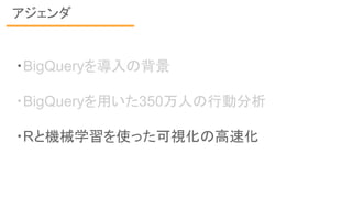 アジェンダ
・BigQueryを導入の背景
・BigQueryを用いた350万人の行動分析
・Rと機械学習を使った可視化の高速化
 